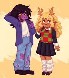  2girls :3 animal_ears antlers black_skirt blonde_hair blue_pants blush brown_fur checkered_sweater_vest colored_sclera colored_skin commentary deer_antlers deer_ears deer_girl deltarune denim emobemob english_commentary freckles full_body furry furry_female highres hooves horns jeans leg_warmers long_hair long_sleeves looking_to_the_side multiple_girls noelle_holiday open_clothes open_mouth open_shirt painttool_sai_(medium) pants pleated_skirt purple_hair purple_shirt purple_skin red_eyes red_nose reptile_girl sharp_teeth shirt shoes skirt smile standing susie_(deltarune) teeth torn_clothes torn_pants two-tone_sweater_vest utdr_(toby_fox) white_leg_warmers white_shirt yellow_sclera 