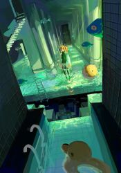  1girl black_shirt black_thighhighs blonde_hair blue_jacket bocchi_the_rock! column_lineup fish full_body ijichi_nijika indoors jacket long_sleeves mao206327 open_clothes open_jacket pool pool_ladder ripples rubber_duck shirt side_ponytail skirt stairs standing surreal thigh-highs tile_floor tiles zettai_ryouiki 