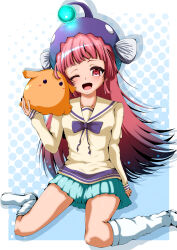  1girl ;d absurdres alternate_costume anglerfish_costume aqua_skirt arm_at_side blue_background blunt_bangs blunt_ends blush border bow bowtie commentary_request drop_shadow foot_out_of_frame hand_up happy heaven_burns_red highres hime_cut ikedashuhei kneehighs long_hair looking_at_viewer miniskirt mizuhara_aina one_eye_closed open_mouth outside_border pink_hair pleated_skirt polka_dot polka_dot_background purple_bow purple_bowtie red_eyes sailor_collar school_uniform serafuku shirt shoes sidelocks simple_background sitting skirt sleeves_past_wrists smile socks solo straight_hair teeth upper_teeth_only very_long_hair wariza white_border white_shoes white_socks yellow_sailor_collar yellow_shirt 