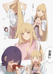  2girls absurdres ahoge apron aroused_nosebleed blonde_hair blood blush brown_eyes chinese_text cho_kaguya-hime! commentary excessive_nosebleed fafayu highres kaguya_(cho_kaguya-hime!) lab_coat long_hair multiple_girls nosebleed open_mouth pink_apron ponytail sakayori_iroha shirt simple_background translation_request tying_hair white_background white_shirt yuri 