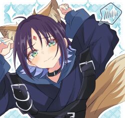  1girl animal_ears arms_up black_choker blue_background blue_hair blue_kimono blush border cho_kaguya-hime! choker closed_mouth colored_inner_hair commentary embarrassed forehead_jewel fox_ears fox_girl fox_tail frown green_eyes highres japanese_clothes kimono looking_at_viewer multicolored_hair outside_border purple_hair rabbit_pose sakayori_iroha solo split_mouth spoken_blush tail tutanai untranslatable_commentary wavy_mouth white_border 