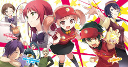  029 3boys 5girls =_= ahoge apron ashiya_shirou black_hair blue_eyes blue_hair bow braid breasts brown_eyes brown_hair employee_uniform fast_food fast_food_uniform green_apron green_eyes hair_ornament hair_over_one_eye hat hataraku_maou-sama! highres japanese_clothes kamazuki_suzuno kimono kisaki_mayumi large_breasts long_hair looking_at_viewer maou_sadao medium_breasts multiple_boys multiple_girls novel_illustration obi office_lady official_art open_hand open_mouth pencil_skirt polo_shirt purple_hair red_eyes red_hair sasaki_chiho sash school_uniform shirt short_hair short_twintails side_braid side_ponytail skirt smile suzuki_rika_(hataraku_maou-sama!) third-party_source twintails urushihara_hanzou v-shaped_eyebrows violet_eyes visor_cap white_hair yellow_eyes yusa_emi 