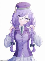  1girl absurdres black-framed_eyewear bow braid commentary_request cowboy_shot fate/grand_order fate_(series) green_necktie hair_bow hat_tassel highres light_smile long_hair long_sleeves looking_at_viewer low_twin_braids necktie parted_lips purple_hair purple_vest saitoh_michiru simple_background sion_eltnam_(type-moon) sion_eltnam_sokaris skirt sleeve_cuffs solo twin_braids vest violet_eyes white_background white_skirt 