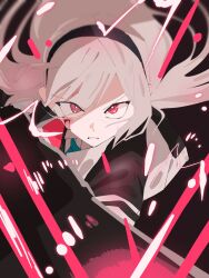  1girl black_background black_headband blood blood_on_face blue_archive blue_necktie collared_shirt commentary headband highres hiroseisagood jacket kei_(blue_archive) kei_(new_body)_(blue_archive) long_hair necktie pink_eyes ringed_eyes shirt solo white_hair white_shirt 