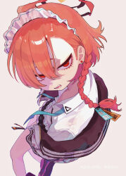  1girl absurdres ahoge amazu_ore black_shoes blue_archive braid collared_shirt commentary_request ear_piercing from_above hair_between_eyes highres huge_ahoge maid_headdress neru_(blue_archive) open_mouth orange_hair piercing red_eyes shirt shoes short_hair single_braid solo teeth white_background white_shirt 