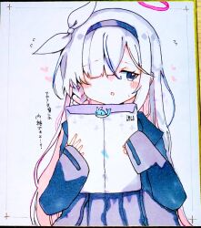  1girl :o black_hairband blue_archive blue_eyes blue_jacket blue_skirt blush_stickers braid commentary_request envelope flying_sweatdrops grey_hair hair_ribbon hairband halo holding holding_envelope jacket long_hair long_sleeves looking_to_the_side manila_envelope multicolored_hair open_clothes open_jacket parted_lips photo_(medium) pink_hair plana_(blue_archive) pleated_skirt ribbon shikishi skirt sleeves_past_fingers sleeves_past_wrists solo te_toga traditional_media translation_request two-tone_hair very_long_hair white_ribbon 