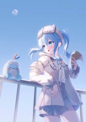  1girl absurdres against_railing arahashi_tabi belt black_belt black_skirt blue_bow blue_bowtie blue_eyes blue_hair blue_sky bow bowtie brown_jacket center_frills commentary_request compass frills goggles goggles_on_head highres holding holding_map hood hooded_jacket hyin jacket korean_commentary long_sleeves looking_to_the_side map moon pleated_skirt pungdangi_(arahashi_tabi) railing shirt skirt sky stellive twintails virtual_youtuber white_shirt 