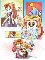  ! 1other 2girls absurdres animal_ears apron chao_(sonic) cheese_(sonic) closed_eyes commentary cream_the_rabbit dishwashing drawing_(object) dress english_commentary family_bonding furry furry_female gloves heart highres holding holding_drawing holding_paper hug jens_drawings mother_and_daughter multiple_girls open_mouth orange_dress orange_hair orange_shoes paper puffy_short_sleeves puffy_sleeves purple_dress rabbit_ears rabbit_girl rabbit_tail red_shoes shoes short_sleeves signature smile sonic_(series) sonic_advance_(series) spoken_exclamation_mark spoken_heart tail vanilla_the_rabbit white_apron white_gloves yellow_eyes yellow_fur 