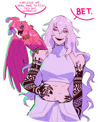  1girl abs animal_on_shoulder arm_tattoo bare_shoulders bird bird_on_shoulder black_nails breasts clothes_around_waist commentary crocrubies english_commentary english_text eyeshadow finger_tattoo guernica_(p5t) hair_between_eyes hand_on_own_hip hand_tattoo highres hip_tattoo i_think_we're_gonna_have_to_kill_this_guy_steven_(meme) jacket jacket_around_waist long_hair looking_at_viewer makeup medium_breasts meme navel pants parrot persona persona_5 persona_5_tactica red_eyeshadow sharp_teeth shirt sleeveless sleeveless_shirt smile speech_bubble tank_top tattoo tattoo_sleeve teeth toned toned_female very_long_hair violet_eyes wavy_hair white_background white_hair white_jacket white_pants white_tank_top 
