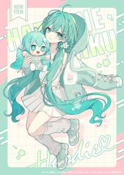  1girl ahoge akakura border character_doll closed_mouth commentary_request cross-laced_clothes cross-laced_sleeves doll double-parted_bangs dress full_body green_eyes green_hair green_jacket green_shoes hatsune_miku highres holding holding_doll hood hood_up jacket kneehighs long_hair long_sleeves looking_at_viewer low_twintails open_clothes open_jacket outside_border ribbed_socks shoes sleeves_past_fingers sleeves_past_wrists smile sneakers socks solo standing standing_on_one_leg twintails vocaloid white_background white_dress white_socks 