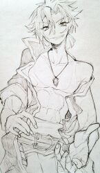  1boy belt commentary_request cowboy_shot fingernails grimms_notes grin hair_between_eyes jewelry looking_at_viewer low_ponytail male_focus monochrome necklace parted_bangs ponytail shino_(5no) short_ponytail simple_background smile solo spiky_hair standing tao_(grimms_notes) tao_(natsu)_(grimms_notes) teeth toned toned_male traditional_media 