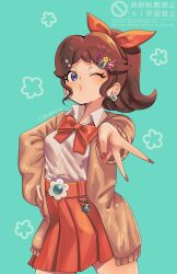  1girl absurdres belt belt_buckle blue_eyes bow bowtie brown_hair buckle cardigan collared_shirt commentary earrings fingernails flower_earrings hair_ornament hairclip hand_on_own_hip highres jewelry long_fingernails medium_hair norishiitsu one_eye_closed open_cardigan open_clothes orange_nails orange_skirt princess_daisy shirt skirt solo super_mario_bros. v white_shirt 