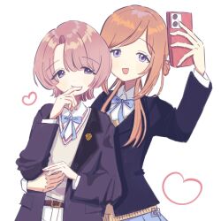  2girls :d arimura_mao belt black_belt blue_eyes blue_jacket blue_ribbon blue_skirt brown_hair brown_sweater brown_sweater_vest cellphone collared_shirt commentary_request finger_to_mouth gakuen_idolmaster grey_sweater grey_sweater_vest hair_over_one_eye hand_on_another's_stomach hand_up heart highres himesaki_rinami holding holding_phone idolmaster irohiro_6 jacket long_hair long_sleeves looking_at_object multiple_girls open_clothes open_jacket open_mouth pants phone pink_hair pocket ribbon school_uniform selfie shirt short_hair skirt smartphone smile sweater sweater_vest white_background white_pants white_shirt 