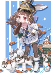 1girl animal animal_ears black_hat black_pantyhose blue_background blush boots brown_hair carrot closed_mouth commentary dot_nose drop_shadow full_body fur-trimmed_boots fur-trimmed_sleeves fur_trim gun hat highres holding holding_gun holding_weapon ikpde jacket long_hair long_sleeves miniskirt original outline pantyhose pleated_skirt rabbit rabbit_ears rabbit_girl rabbit_tail red_eyes skirt solo standing tail thick_eyebrows weapon white_boots white_jacket white_outline white_skirt 