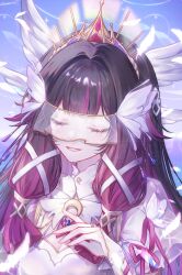 1girl absurdres alternate_costume black_hair bug butterfly closed_eyes columbina_(genshin_impact) commentary dress eye_mask falling_feathers feathered_wings feathers genshin_impact h_ae_rang hair_ribbon head_wings highres long_hair mask multicolored_hair purple_hair ribbon smile solo tiara twitter_username two-tone_hair untranslatable_commentary upper_body watermark white_dress white_ribbon white_wings wings 