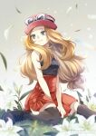  1girl bare_arms blurry breasts closed_mouth commentary_request depth_of_field eyewear_on_headwear falling_petals flower grass grey_eyes hat high-waist_skirt highres long_hair looking_to_the_side petals pink_headwear pokemon pokemon_(game) pokemon_xy serena_(pokemon) shirt shoes sitting skirt sleeveless sleeveless_shirt solo sunglasses thigh-highs white-framed_eyewear yomogi_(black-elf) 