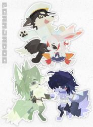  1girl 3boys :d animal_feet animal_hands animal_nose belt black_eyes black_pants blue_hair blue_skirt body_fur brown_belt brown_fur brown_tail dog_boy fox_boy furry furry_female furry_male gamjadog green_fur green_hair green_tail grey_eyes hat jacket multiple_boys no_pants open_mouth original outline pants pawpads purple_fur rabbit_girl school_uniform serafuku short_hair skirt smile white_jacket white_outline 