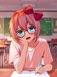  aqua_eyes bespectacled black-framed_eyewear blush bow ceiling chair chalkboard classroom collarbone commentary_request desk doki_doki_literature_club eyelashes fang glasses hair_bow hair_intakes hand_on_own_face head_rest heart holding holding_pen indoors mitsuju_shok open_mouth pen pink_hair pink_shirt red_bow sayori_(doki_doki_literature_club) school_desk shirt short_hair short_sleeves smile tile_ceiling tiles twitter_username writing 