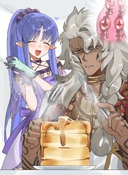  1boy 1girl arm_tattoo asymmetrical_gloves blue_hair braid brown_eyes butter capelet closed_eyes commentary_request commission cutlery dark-skinned_male dark_skin demon_pillar_(fate) dress facial_mark fate/grand_order fate_(series) food fork gloves grand_caster_(fate) green_gloves grey_hair hair_between_eyes hair_ornament hair_scrunchie hands_up heart high_ponytail highres holding holding_fork holding_knife interlocked_fingers jewelry knife light_blush long_hair looking_at_food looking_down medea_(fate) medea_lily_(fate) mismatched_gloves multiple_rings neck_ring no_pupils off-shoulder_capelet open_mouth own_hands_together pancake pancake_stack parted_lips plate pointy_ears ponytail purple_dress purple_gloves purple_scrunchie ring scrunchie second-party_source see-through_capelet see-through_clothes skeb_commission smile solomon_(fate) strapless strapless_dress syrup table_knife tattoo tokoni_fusu turn_pale 