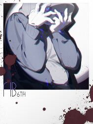  1other alternate_universe asaiiro black_sclera blood blood_splatter blue_eyes blue_hoodie border colored_sclera commentary covering_own_eyes dated drop_shadow dusttale facing_to_the_side gloves grey_hood hands_on_own_face highres hood hood_up hoodie looking_to_the_side open_clothes open_hoodie ornate_border paint_splatter photo_(object) picture_frame sans_(undertale) shirt skeleton spotlight undertale upper_body utdr_(toby_fox) white_background white_gloves white_shirt 