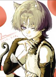  1boy animal_ear_fluff animal_ears apron armor bare_shoulders bishounen black_bodysuit black_bridal_gauntlets blunt_ends bodysuit bridal_gauntlets cat_boy cat_ears cat_tail closed_mouth commentary dated english_commentary eyelashes eyeliner frana20103 frilled_apron frills genshin_impact grey_hair hair_intakes hand_on_own_chin hand_up holding holding_ladle japanese_armor kote kurokote ladle makeup male_focus mandarin_collar middle_ring red_eyeliner scaramouche_(genshin_impact) smile solo tail tsurime wanderer_(genshin_impact) white_apron white_background 