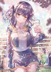  1girl absurdres bag blush breasts commentary_request cropped_jacket drink falling_petals hair_ornament hair_ribbon highres holding holding_drink large_breasts long_sleeves looking_at_viewer medium_hair original outdoors petals pink_petals purple_hair purple_skirt ribbon school_bag shirt sitting skirt solo sousouman white_shirt x_hair_ornament yellow_eyes 