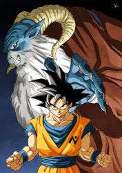  2boys beard black_hair blue_sash blue_shirt blue_wrist_cuffs commentary_request cowboy_shot dougi dragon_ball dragon_ball_super facial_hair goat_boy highres horns kakeru_(dbskakeru) male_focus moro_(dragon_ball) multiple_boys muscular muscular_male orange_pants orange_shirt pants pointy_ears red_eyes sash shirt son_goku spiky_hair wrist_cuffs 