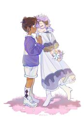  2girls amity_blight arms_behind_back blush bouquet brown_hair closed_eyes couple dark-skinned_female dark_skin dress hair_ornament hashtag-only_commentary holding holding_bouquet luz_noceda multiple_girls pointy_ears purple_hair shoes shorts skull_hair_ornament smile socks the_owl_house white_shoes whitefox_(whitefo1799928) yuri 