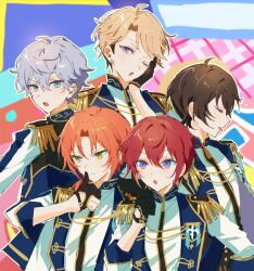  5boys :o abstract_background aiguillette averting_eyes black_gloves black_hair blonde_hair blue_eyes blue_vest closed_eyes curtained_hair earrings ensemble_stars! epaulettes fleur-de-lis gloves gold_trim green_eyes grey_hair hair_between_eyes hand_on_own_face hand_up highres jewelry knights_(ensemble_stars!) looking_at_viewer love_(chyuu_u) male_focus medium_hair multiple_boys narukami_arashi one_eye_closed open_mouth orange_hair partially_fingerless_gloves profile red_hair sakuma_ritsu sena_izumi_(ensemble_stars!) shirt short_hair side_ponytail stud_earrings suou_tsukasa three-quarter_sleeves thumbs_up tongue tongue_out tsukinaga_leo upper_body vest violet_eyes white_shirt 