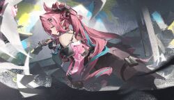  1girl absurdres ahchuh arknights arknights:_endfield back bare_shoulders black_gloves blue_eyes closed_mouth commentary dragon_girl dragon_horns dragon_tail drill_hair english_commentary from_side gloves hair_intakes hand_up highres holding holding_brush holding_paintbrush horns long_hair long_sleeves looking_at_viewer looking_back multicolored_gloves multicolored_hair paintbrush pink_gloves pink_hair pointy_ears smile solo streaked_hair tail twin_drills two-sided_gloves two-tone_gloves very_long_hair yvonne_(arknights) 