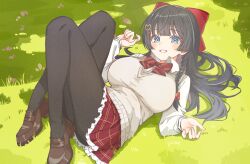  1girl absurdres black_hair black_pantyhose blue_eyes blush bow bowtie braid breasts brown_shoes brown_sweater_vest collared_shirt commentary_request daltokki34 day diagonal-striped_bow film_grain full_body grass grin hair_bow hair_ornament hand_up heart heart_hair_ornament highres knees_up korean_commentary large_breasts loafers long_hair long_sleeves looking_at_viewer lying miniskirt on_back on_ground outdoors pantyhose plaid_clothes plaid_skirt pleated_skirt red_bow red_bowtie red_skirt school_uniform shirayuki_hina shirt shoes skirt smile solo stellive striped_bow sweater_vest v-neck virtual_youtuber white_shirt wing_collar 