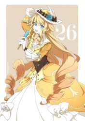  1girl :d absurdres blonde_hair blue_eyes border brown_background commentary countdown dress drill_hair drill_sidelocks earrings english_commentary folded_fan folding_fan genshin_impact gloves hand_fan hat hat_feather highres holding holding_fan jewelry long_hair long_sleeves looking_at_viewer navia_(genshin_impact) open_mouth sidelocks smile snegg31 solo twin_drills two-tone_background upper_body very_long_hair white_border white_gloves yellow_hat 