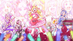  5girls :d ahoge aokaze_nana arm_up armband artist_name band_(music) bass_guitar beamed_eighth_notes black_bow black_dress black_gloves black_thighhighs blonde_hair blue_dress blue_eyes blue_hair blue_ribbon blurry blurry_foreground boots bow choker closed_eyes closed_mouth commentary cropped_shirt crowd cure_idol cure_kiss cure_kyunkyun cure_wink cure_zukyuun dated depth_of_field detached_sleeves double_bun dress drill_hair drum drum_set drumsticks earrings eighth_note electric_guitar fingerless_gloves frilled_armband frilled_shirt frills gloves gradient_hair green_hair guitar hair_bow hair_bun hair_ornament hair_ribbon half_gloves halterneck heart heart_hair_bun heart_hair_ornament heart_hair_strand highres holding holding_drumsticks holding_instrument idol_heart_brooch_(precure) idol_heart_incom index_finger_raised instrument jewelry jumbotron kimi_to_idol_precure knee_boots lightstick long_hair magical_girl medium_dress meroron_(precure) midriff miniskirt multicolored_hair multiple_girls music musical_note musical_note_hair_ornament navel open_mouth piano pink_gloves pink_hair pink_shirt pink_skirt playing_instrument precure puffy_detached_sleeves puffy_sleeves purirun_(precure) purple_choker purple_dress purple_gloves purple_hair purple_thighhighs ribbon sakura_uta_(precure) satou_yasu shigure_kokoro shirt short_dress signature single_hair_bun single_thighhigh sitting skirt smile standing streaked_hair thigh-highs twin_drills twintails two-tone_hair violet_eyes white_boots white_dress white_ribbon white_thighhighs yellow_eyes 