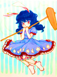  1girl animal_ears blue_dress blue_hair commentary_request covered_mouth dress holding holding_mallet kine legacy_of_lunatic_kingdom long_hair looking_at_viewer mallet ono_mochiko puffy_short_sleeves puffy_sleeves rabbit_ears rabbit_girl red_eyes seiran_(touhou) short_sleeves simple_background solo touhou traditional_media two-tone_background 
