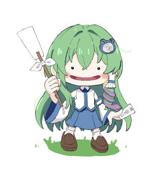  1girl between_fingers blue_skirt blush brown_shoes commentary detached_sleeves ditto ekans female_protagonist_(pokemon_pokopia) frog_hair_ornament full_body gohei green_hair hair_ornament hair_tubes highres holding holding_gohei holding_ofuda kochiya_sanae looking_at_viewer ofuda ofuda_between_fingers open_mouth parody pokemon pokemon_pokopia poliwhirl shoes simple_background single_hair_tube skirt smile snake_hair_ornament socks solo style_parody touhou transformed_ditto tsukira_kira white_background white_socks 