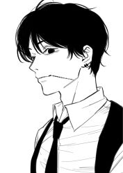  1boy chainsaw_man collared_shirt commentary earrings hashtag-only_commentary highres jewelry kishibe_(chainsaw_man) kishibe_(young)_(chainsaw_man) male_focus monochrome multiple_earrings necktie sawgak scar scar_on_cheek scar_on_face shirt smile solo suspenders upper_body 