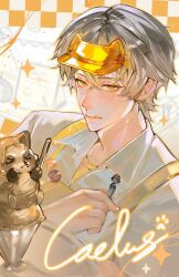  1boy animal-themed_food animal_hands apron artist_name badge caelus_(honkai:_star_rail) cafe character_name closed_mouth collared_shirt commentary cup drinking_glass food grey_hair hair_between_eyes half-closed_eyes hands_up highres holding holding_pen holding_tray honkai:_star_rail honkai_(series) ice_cream indoors koffieaulait1 licking_lips lips long_sleeves looking_at_viewer male_focus menu_board pen shirt short_hair solo sparkle spoon string_of_flags tongue tongue_out trailblazer_(honkai:_star_rail) tray untranslatable_commentary upper_body visor_cap white_shirt yellow_apron yellow_eyes 