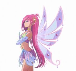  1girl antenna_hair black_eyeliner blue_gloves blue_wings breasts choker closed_mouth clothing_cutout collarbone commentary cowboy_shot crossed_arms elbow_gloves enchantix english_commentary eyelashes eyeliner eyeshadow fairy fairy_wings flower_clothes from_side glitter gloves green_choker green_eyes hair_over_one_eye highres iridescenttidez lipstick long_hair looking_ahead makeup multicolored_wings pendant_choker pink_hair pink_lips profile purple_eyeshadow purple_shorts purple_tube_top purple_wings short_shorts shorts side_cutout simple_background small_breasts solo standing straight_hair strapless sun_hair_ornament tecna_(winx_club) tube_top twitter_username very_long_hair white_background wings winx_club 