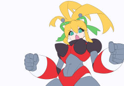  1girl :d aged_up android antennae arm_behind_back arm_up armor arms_up bikini bikini_armor black_gorget blonde_hair blue_background blue_eyes bodysuit breastplate breasts clenched_hands closed_mouth commentary_request covered_navel cowboy_shot earphones fighting_stance gorget green_eyes green_ribbon grey_bodysuit groin hair_between_eyes hair_ribbon hairband headphones high_ponytail hyper_roll_(marvel_vs._capcom) joints kaidou_zx large_breasts long_hair looking_at_viewer looking_down marvel_vs._capcom marvel_vs._capcom_2 mechanical_arms mechanical_legs mega_man_(classic) mega_man_(series) metal_gloves open_mouth ponytail radio_antenna red_armor red_bikini ribbon robot robot_girl robot_joints roll_(mega_man) shoulder_armor sidelocks simple_background smile solo swimsuit white_background 