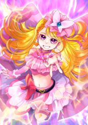  1girl absurdres belt black_belt blonde_hair boots bow braid braided_bangs bridal_gauntlets brooch butterfly_hat_ornament cropped_shirt cure_butterfly earrings elbow_gloves frilled_shirt frills gloves grin hat hat_ornament highres hijiri_ageha hirogaru_sky!_precure jewelry leg_up long_hair looking_at_viewer magical_girl manekineko5319 midriff miniskirt mob_cap multicolored_hair navel orange_hair pantyhose pink_boots pink_gloves pink_hat pink_shirt pink_skirt pleated_skirt precure purple_pantyhose reaching reaching_towards_viewer red_bow shirt showgirl_skirt single_leg_pantyhose skirt skirt_bow sleeveless sleeveless_shirt smile solo standing standing_on_one_leg thigh_strap tilted_headwear two-tone_hair v very_long_hair violet_eyes wing_brooch 