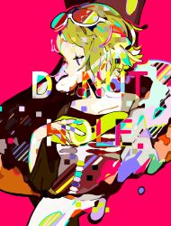  1girl abstract alternate_costume black_shirt blue_eyes colorful donut_hole_(vocaloid) doughnut english_text food food_in_mouth goggles goggles_on_head green_hair gumi hand_up highres looking_to_the_side n79oqc3yja6jlof profile red_background shirt short_hair sidelocks single_bare_shoulder solo upper_body wide_sleeves 