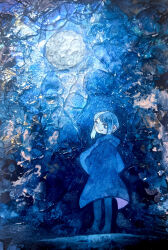  1girl bari_(project_moon) blue_coat blue_eyes blue_hair blue_pants blue_theme closed_mouth coat commentary_request highres impasto limbus_company long_sleeves looking_at_viewer looking_back mochigome_138 painting_(medium) pants project_moon short_hair sidelocks smile solo sparkling_eyes standing traditional_media watercolor_(medium) 