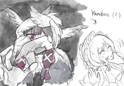  2girls ? angel_wings aura bare_shoulders biblically_accurate_angel black_hair bonnet closed_eyes closed_mouth coat columbina_(genshin_impact) commentary dark_aura detached_collar detached_sleeves dress fatui_coat feathered_wings fur-trimmed_coat fur_hood fur_trim genshin_impact hair_ornament hair_ribbon hand_on_another's_cheek hand_on_another's_face hands_up head_wings headdress highres lemura long_hair long_sidelocks multicolored_hair multiple_girls multiple_wings purple_hair purple_streaks red_eyes ribbon sandrone_(genshin_impact) seraph seraph_wings short_hair short_hair_with_long_locks sidelocks streaked_hair sweat too_many_feathers too_many_wings two-tone_hair untranslatable_commentary unusually_open_eyes white_coat white_headdress white_wings winding_key wing_hair_ornament wings winter_clothes winter_coat yandere 