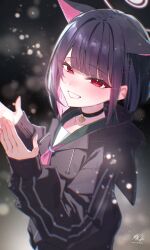  1girl animal_ears black_choker black_hair black_jacket blue_archive blunt_bangs blush cat_ears cat_girl choker colored_inner_hair commentary_request extra_ears green_sailor_collar halo hands_up highres hood hood_down hooded_jacket jacket kazusa_(blue_archive) long_sleeves looking_at_viewer multicolored_hair neckerchief nekomochi pink_hair pink_neckerchief red_eyes sailor_collar short_hair sidelocks signature smile solo standing upper_body 