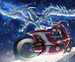  1boy absurdres black_shirt blue_jacket commentary_request d-wheel dragon facial_mark fudo_yusei helmet highres jacket motor_vehicle motorcycle on_motorcycle pochi_(furaigonn) red_helmet riding shirt solo_focus stardust_dragon yu-gi-oh! yu-gi-oh!_5d's 