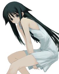  1girl dress expressionless green_eyes green_hair hair_flaps highres long_hair looking_at_viewer numata_eki parted_lips saya_(saya_no_uta) saya_no_uta sidelocks simple_background solo spaghetti_strap white_background white_dress 