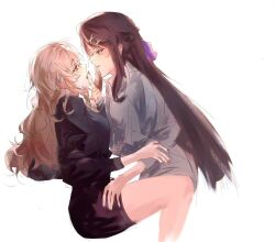  2girls black_shirt black_shorts blonde_hair blush bow brown_hair chinese_commentary colored_skin commentary_request grey_shirt grey_shorts hair_ornament hairclip highres imminent_kiss licking licking_finger light_blush long_hair messy_hair multiple_girls parallel_hairclips purple_bow red_eyes saijou_claudine shirt shorts shoujo_kageki_revue_starlight tendou_maya violet_eyes white_background white_skin yuri 