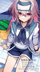  1boy absurdres animal_ears ansel_(arknights) ansel_(casual_vacation)_(arknights) arknights blue_sailor_collar blue_shorts commentary commentary_request food fruit gomago_magoma highres jacket long_sleeves looking_at_viewer lop_rabbit_ears male_focus official_alternate_costume parted_lips partial_commentary pink_eyes pink_hair rabbit_boy rabbit_ears sailor_collar shirt short_hair shorts sitting solo trap twitter_username watermark watermelon white_jacket white_shirt 
