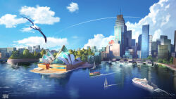  bird blue_sky boat building clouds commentary day dock english_commentary flying highres logo ocean original outdoors painterly scenery shore sky skyscraper sunlight sydney sylvain_sarrailh tower water watercraft web_address 
