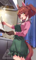  1girl ahoge animal_ears apron black_thighhighs blush breasts brown_eyes brown_hair chopsticks commentary_request cooking dantsu_flame_(umamusume) ear_covers fire frying_pan green_apron hair_between_eyes harukazetabiji highres holding holding_chopsticks holding_frying_pan horse_ears horse_girl horse_tail kitchen large_breasts looking_at_viewer multicolored_hair open_mouth oven_mitts pink_sweater ponytail smile solo stove sweater tail thigh-highs umamusume white_hair 